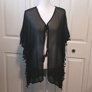 NEW Swimsuit Cover-up‎ Sheer Black Chiffon with Tassels, Size M